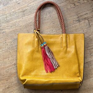 Mustard Leather Tote Bag with Braided Handles